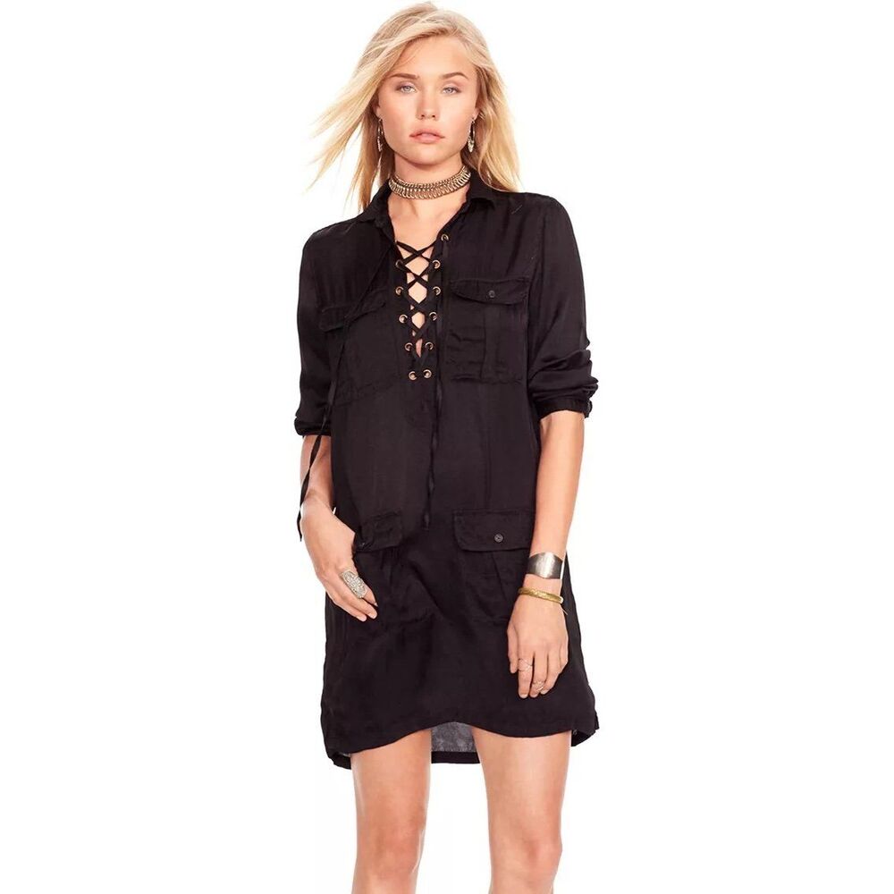 Denim & Supply Ralph Lauren Satin Lace Up Caprice Roll Up Sleeves Shirt Dress XS